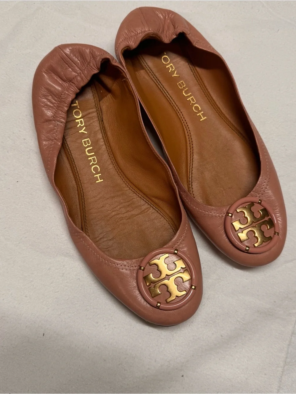 Tory Burch Mauve Pink Leather Logo Ballet Flats